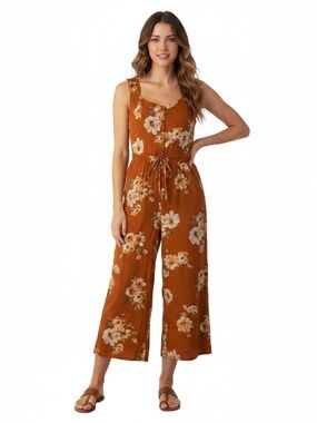 BOG Collective Sleeveless Jumpsuit Burnt Orange Floral Wide Leg Capri Style SZ S